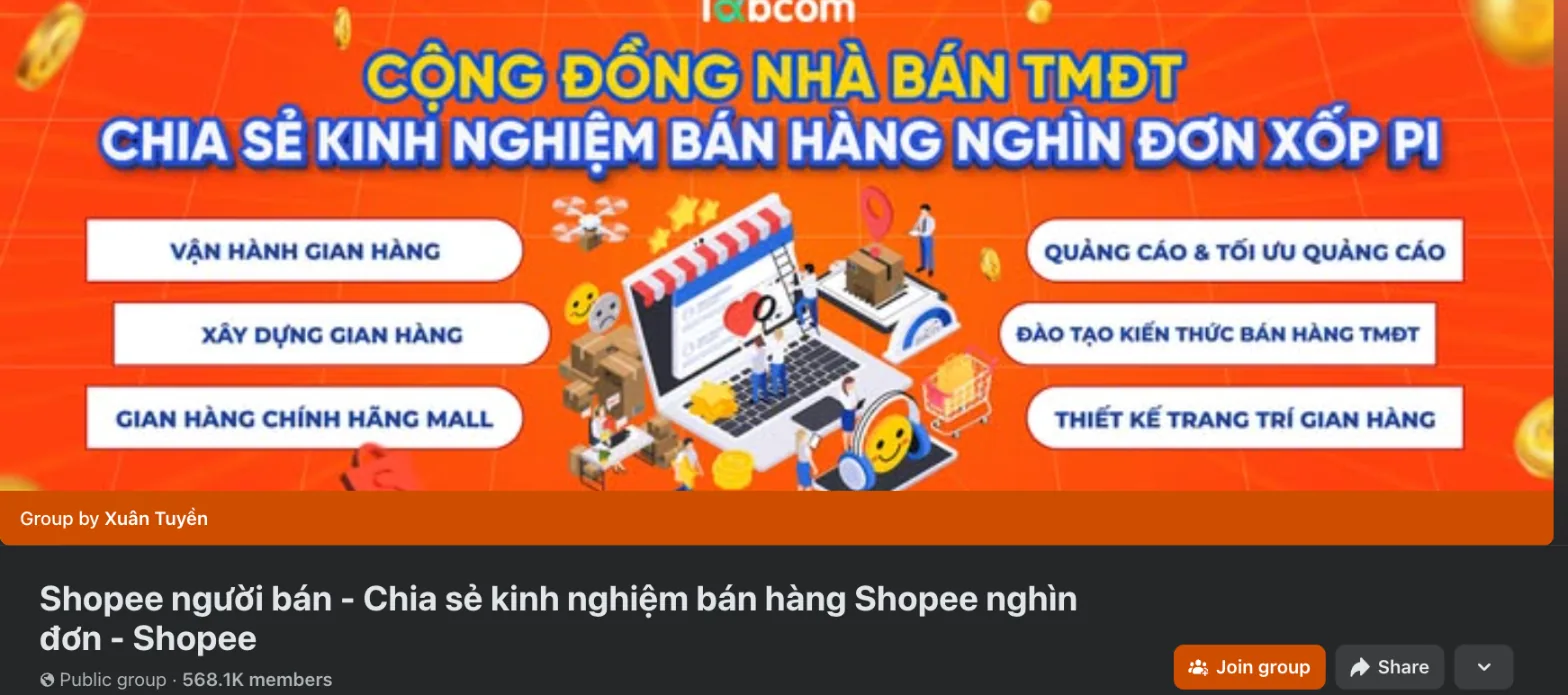 Facebook group banner for Shopee người bán — Chia sẻ kinh nghiệm bán hàng Shopee nghìn đơn