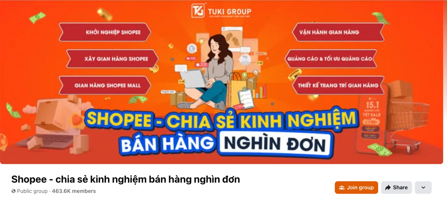 Facebook group banner for Shopee — chia sẻ kinh nghiệm bán hàng nghìn đơn