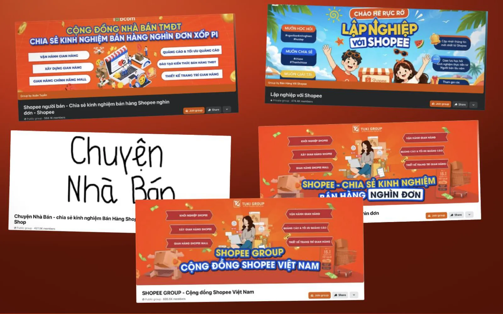 Facebook group banners for the five Shopee seller communities the seeding ran in