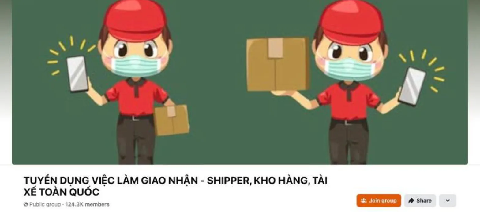 Facebook group banner for TUYỂN DỤNG VIỆC LÀM GIAO NHẬN — SHIPPER, KHO HÀNG, TÀI XẾ TOÀN QUỐC