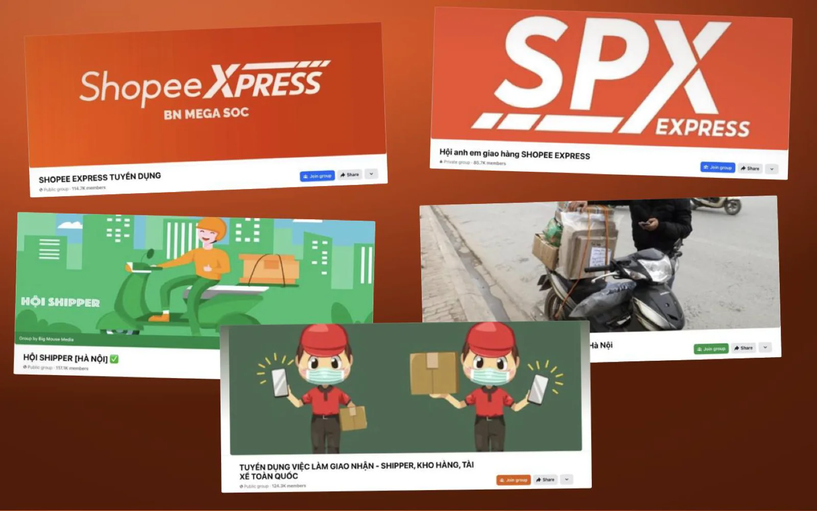 Facebook group banners for the SPX rider and shipper communities the seeding ran in